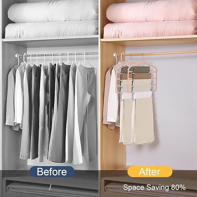 Tinfol Velvet Pants Hanger Space Saving with Hook, 6pc 4 Layers Non-Slip Jeans Hangers, Pink Multiple Clothes Hangers Closet Storage Organizer forJeans Scarf Towels Tie Towel