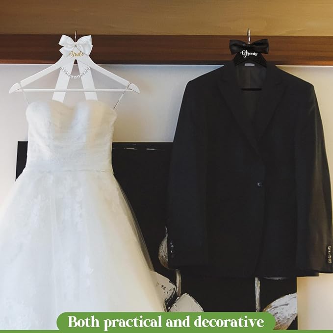 2 Pack Bride and Groom Wedding Hanger Set with Ribbon Bow Wooden Dress Suit Hanger Gift for Wedding Bridal Party Photo Decor(Black and White,Classic)