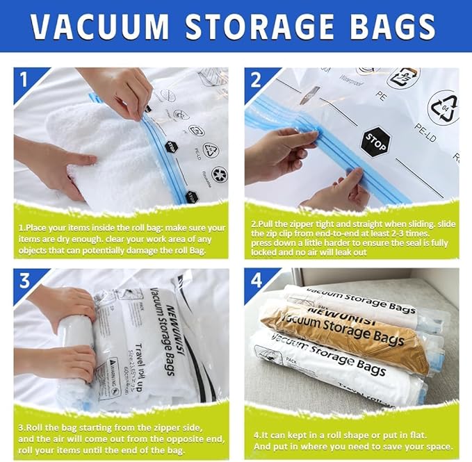 12 Pack Compression Bags for Travel, Roll Up Reusable Travel Space Saver Vacuum Storage Bags for Luggage, Camping, and Storage (No Vacuum or Pump Needed).