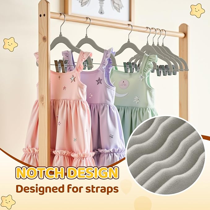 Flottian 24-Pack Baby and Kids Velvet Hangers with Clips, Non Slip and Space-Saving Kids Pants Hangers for Baby/Toddler Pants, Skirts, Coats, Gray