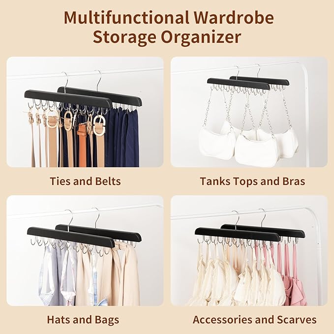 Bra Hanger for Closet Organizer, Wooden Tank Top Hangers with 20 Foldable Hooks, 360° Rotating Design, Space Saving Storage for Tank Tops, Bras, Scarves, Belts, Ties etc (1, Black)