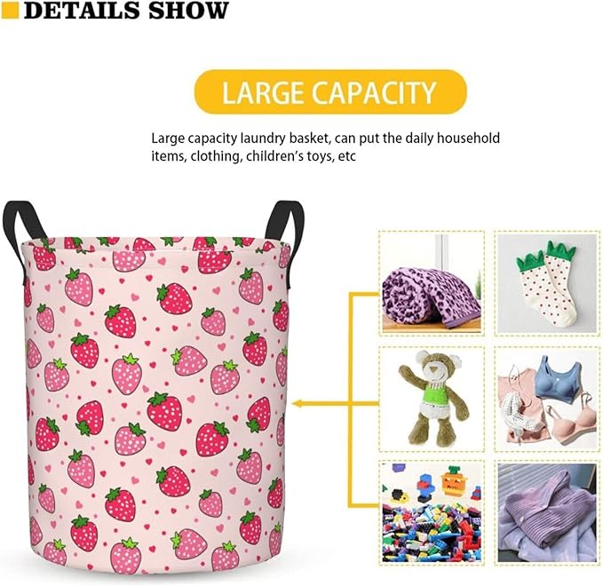 Dujiea Pink Strawberry Laundry Basket Round with Handle, Collapsible Foldable Canvas Storage Bin Dirty Clothes Bag for Laundry/Toys Organizer/College Dorm/Nursery/Decor(2 Sizes)
