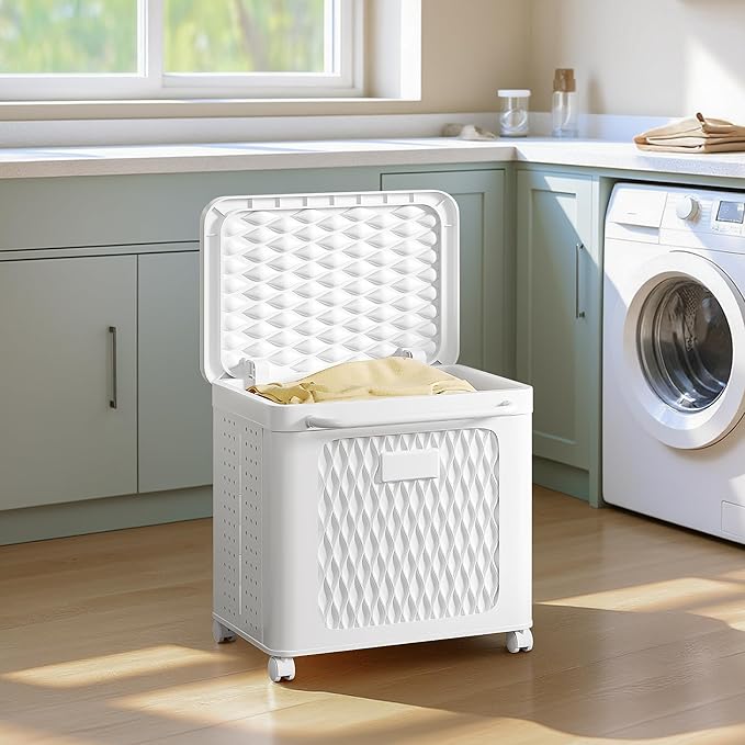 VECELO Rolling Storage Bins with Lid, Plastic Organizers Cart with Wheels & Handle, Foldable Storage Containers for Laundry, Bathroom, Bedroom, 19.3" x 13.8" x 19.1", White