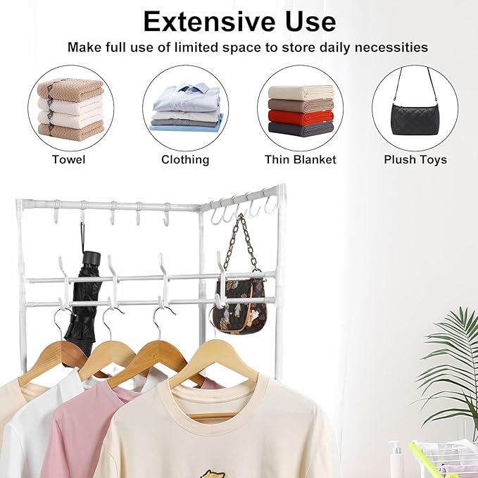 Corner Hall Tree, Freestanding Coat Rack with 3 Tier Shoes Rack Storage and 10 Movable Hooks, Corner Storage Organizer, Metal Entryway Coat Rack, Waterproof Corner Organizer Coat Rack for Home (White)