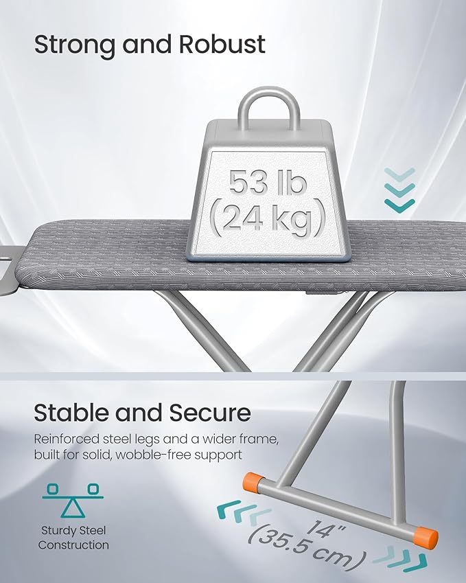 SONGMICS Ironing Board, Retractable Iron Rest, Foldable Iron Board, 43 x 13 Inches, Space-Saving, Height Adjustable, Padded with Cover, Hook, Dove Gray ULLB003GD02S