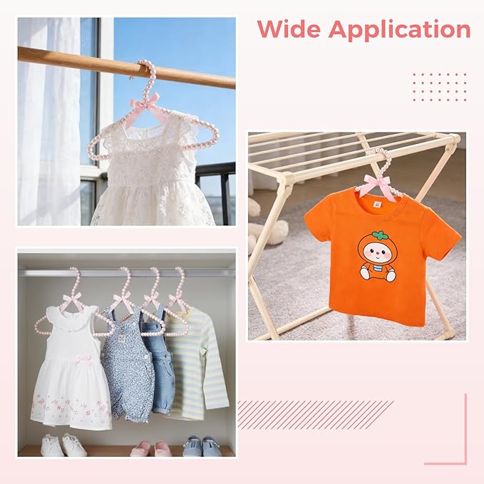 Pink 12 Pcs Pearl Beaded Clothes Hanger Mini Pearl Beads Small Metal Clothes Hangers with Ribbon Standard for Kids Baby Children Pet Dog