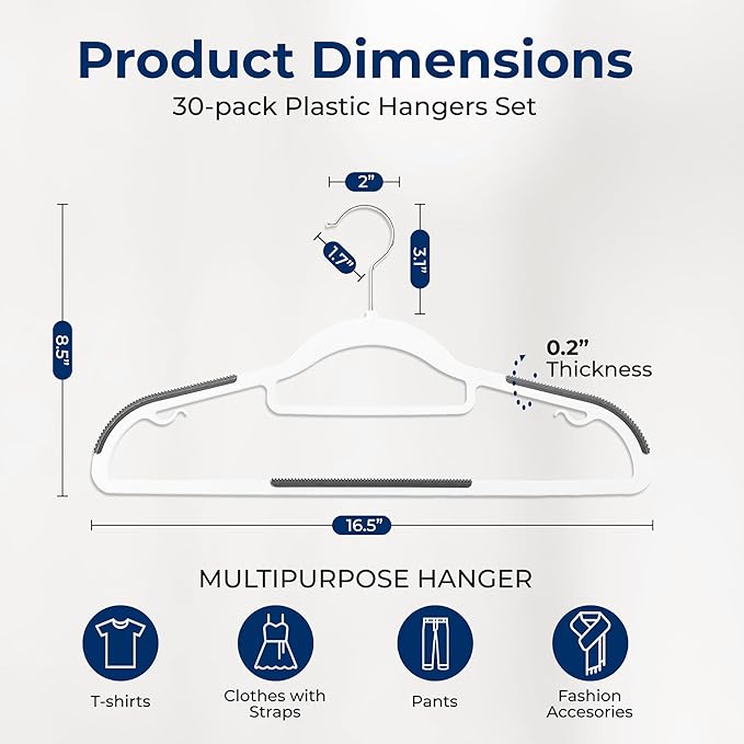 SereneLife Plastic Clothes Hangers, 30-Pack Hanger Set with Non-Slip Rubber Pads and 360° Swivel Metal Hook, Durable White Hangers for Shirts, Pants, Dresses, Space-Saving Closet Organizer