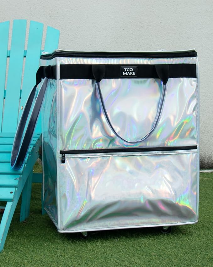 (Large, Phantom White) Reusable Grocery Bag on Wheels, Shopping Bags with Wheels and Handle, Folding Rolling Tote, Zipper Cover, Carries Up to 76 LBS, for Laundry, Picnic