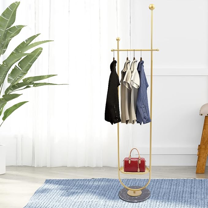 73in-Gold Clothing Garment Rack with Storage Shelf and Hat Hooks, Freestanding Coat Rack Stand Hanging Clothes, Bags, Hat for Entryway Bedroom Organizer Clothing Stores Boutique Retail