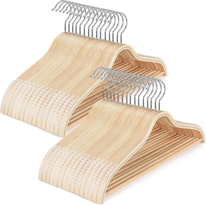 TOPIA HANGER Sleek Wooden Hangers with Non-Slip Rubber Grips, Sweater Hangers No Shoulder Bump, Lightweight Clothes Hangers 30-Pack, 360° Swivel Hook and Pants Bar-CT63N30