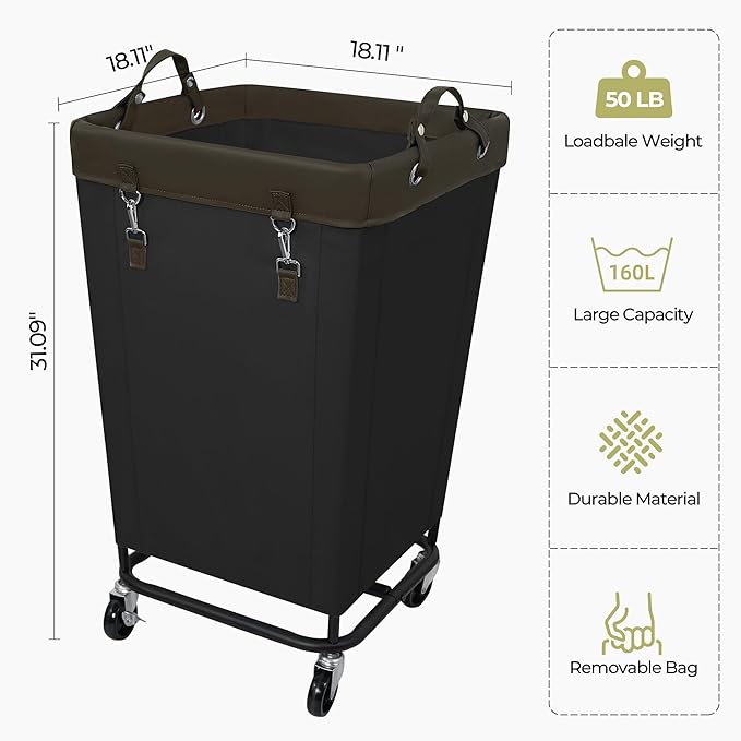 160L Rolling Laundry Basket With Wheels, Large 1-Section Laundry Hamper With Wheels and Removable Bag, Wheeled Dirty Clothes Laundry Basket Organizer For Dorm, Bathroom, Laundry, BK