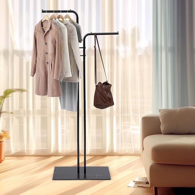 67in-Black Clothing Rack with Base, Double Rod Freestanding Coat Rack Hanging Clothes, Bags, Hat and Shoes for Entryway Bedroom Garment Organizer, Clothing Stores Boutique Retail, Studio