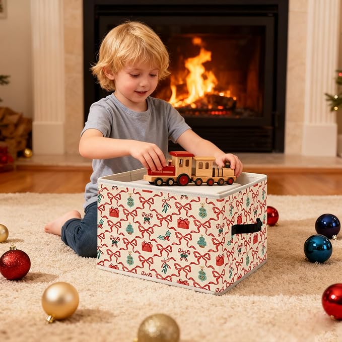 Coquette Red Bow Christmas Storage Bins, Preppy Girly Red and Green Christmas Tree Candy Canes Holiday Foldable Closet Organizers Storage Basket Toybox for Clothes Bed Sheets Blankets Toys