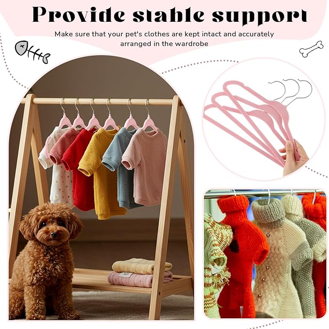 Weysat 12 Pcs Pink Dog Clothes Hangers 11'' Non-Slip & 360° Swivel Velvet Small Pet Hangers for Cats/Dogs with Rustproof Metal Hooks, Space-Saving for Home Storage & Grooming Salons Minimalism