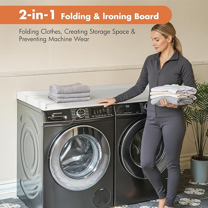 Premium Washer Dryer Countertop with Anti-Slip Pad, 54inch Laundry Room Organization Set, Stackable Storage Solution with Silicone Ironing Mat, Diatomite Mat(White)