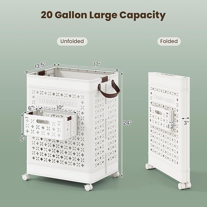 Giantex 75L Collapsible Laundry Baskets with Wheels, Foldable Laundry Basket with Wheels, Handles & Underwear Basket, Large Plastic Laundry Hamper for Bathroom, Bedroom, Dorm