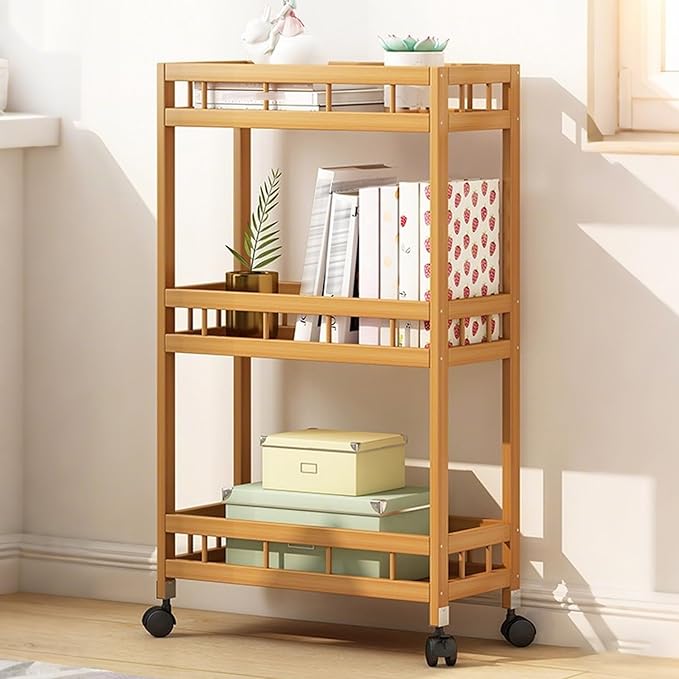 3/4Tier Slim Storage Rolling Cart with Wheel,Wood Storage Trolley Cart,Kitchen Rolling Utility Bamboo Kitchen Slide Out Organizer Rack,Mobile Shelving for Kitchen Bathroom gap(3Tier 40cmwide)