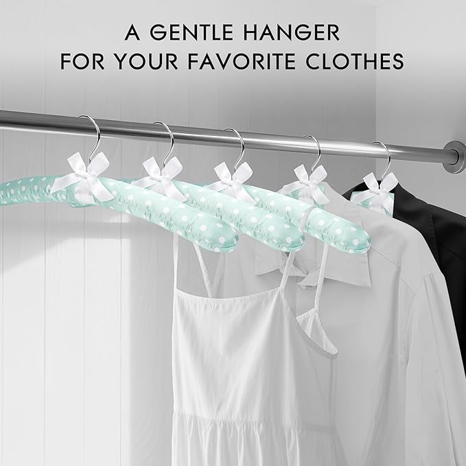 Women's Satin Padded Hangers – 15" Foam-Filled Wooden Clothes Hangers with No Shoulder Bumps, Bow Accent, for Sweaters, Blouses, Dresses – 5 Pack (Green Polka Dot)