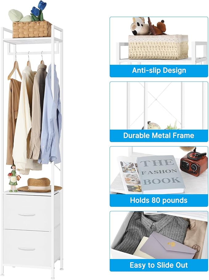 smusei Clothes Rack with Drawers Heavy Duty Garment Rack with Fabric Drawers and Storage Shelves Freestanding Clothing Rack for Bedroom Entryway Living room White