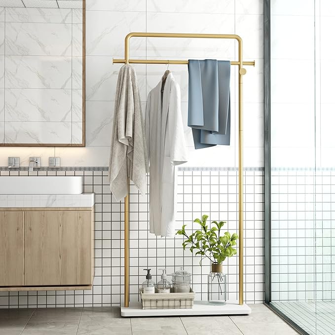TIEOU Gold Clothing Racks with Shelf, Heavy Duty Gold Clothes Racks for Boutiques, Free-Standing Metal Garment Rack for Hanging Clothes, Modern Coat Rack Entryway