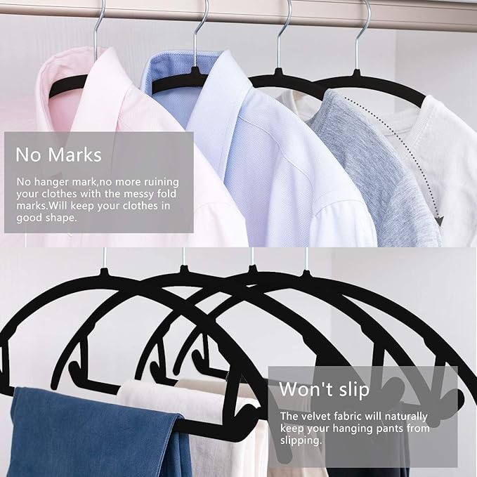 Velvet Hangers Non-Slip Hangers Premium Suit Hangers Ultra Thin Space Saving 360 Degree Swivel Hook Clothes Hangers for Suits,Coats,Jackets,Pants,Dress,Shirts (Pack of 48, Black)