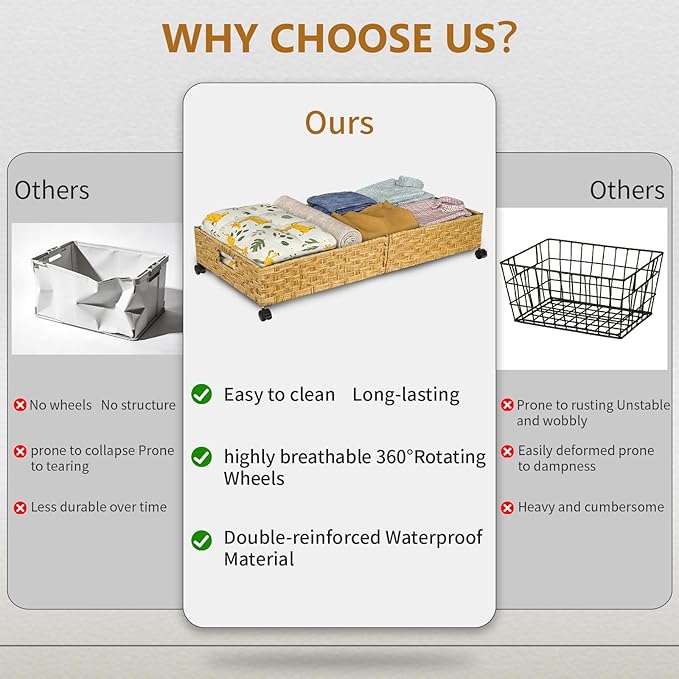 Under Bed Storage with Wheels, 31.5In/40L Large Rolling Underbed Storage Organizer Drawers Bins, Rattan Under the Bed Storage Containers with Handles, Space Saving Design for Clothes,Shoes,Books