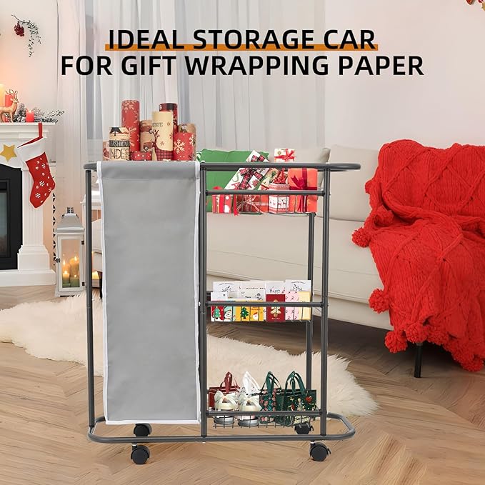 Rolling Laundry Cart with Wheels, 3-Tier Laundry Caddy Between Washer and Dryer, Heavy Duty Rolling Laundry Basket with 45L Bag for Narrow Space Laundry Room, Bathroom, Bedroom, Gray