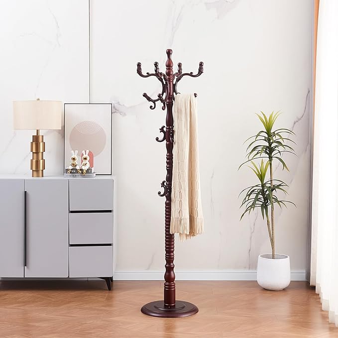 Wood Coat Rack Stand Wooden Coat Rack Freestanding Hall Coat Tree with Sturdy Round Base and 14 Hooks for Hats Bags Purses Vintage Coat Tree Hanger Stand for Entryway Hallway Bedroom, Brown