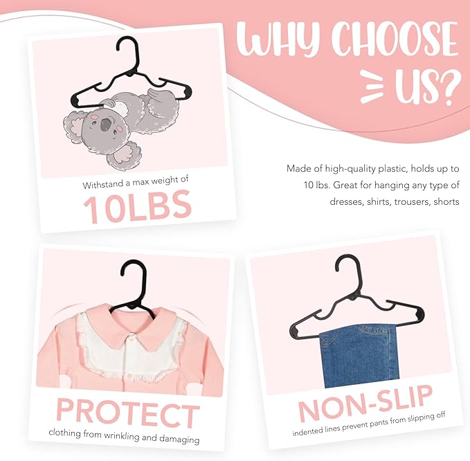 HOUSE DAY Plastic Baby Hangers for Closet 60 Pack, Durable Plastic Kids Hangers for Baby Clothes, Thin & Compact Childrens Hangers, Space Saving Black Baby Hanger, Small Hanger for Kids Clothes