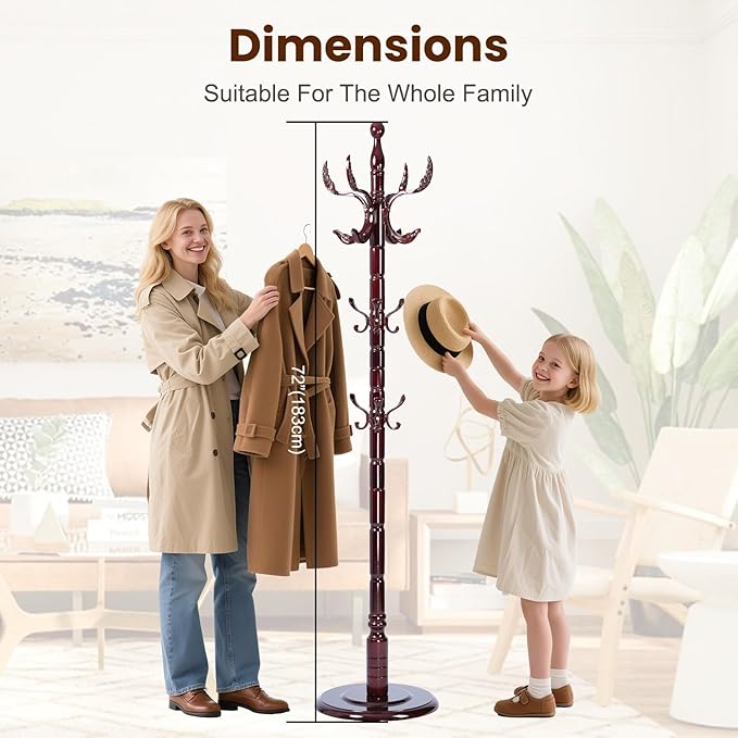 Freestanding Coat Rack with 14 Hooks, Sturdy Wooden Hall Tree for Entryway, Heavy-Duty Disc Base,for Hanging Hats, Jackets, Bags, Easy Assembly for Bedroom, Hallway, Office