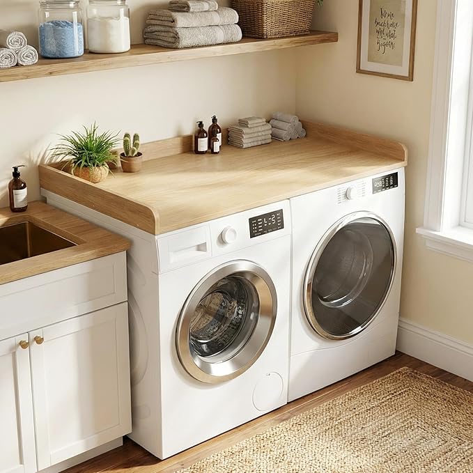 Washer Dryer Countertop, 27.5 x 54 Inch Washer and Dryer Countertop for Laundry Room Organization with Edge Wooden, Oak