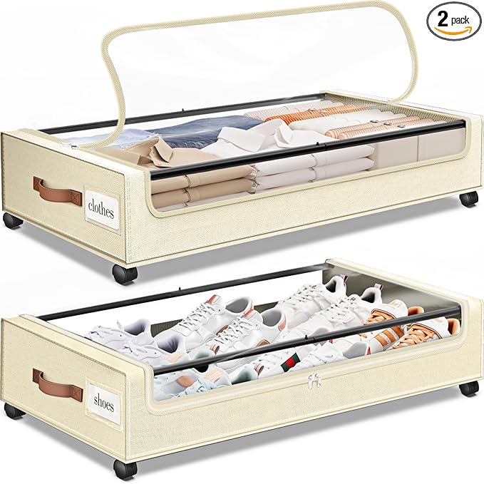 Under Bed Storage with Wheels 2Pack Underbed Storage with Clear Window&Label Under Bed Drawers Large Capacity Rolling Under Bed Storage for Clothes,Shoes, Blankets (Beige)