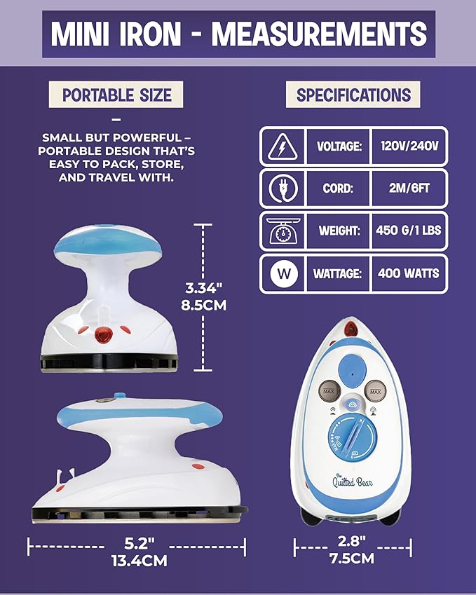 The Quilted Bear Premium Mini Steam Iron - Lightweight Mini Travel Iron for Effortless Quilting & Wrinkle-Free Clothes with Carry Case & Iron Rest Set - Travel Steamer for Clothes & Crafts (Blue)