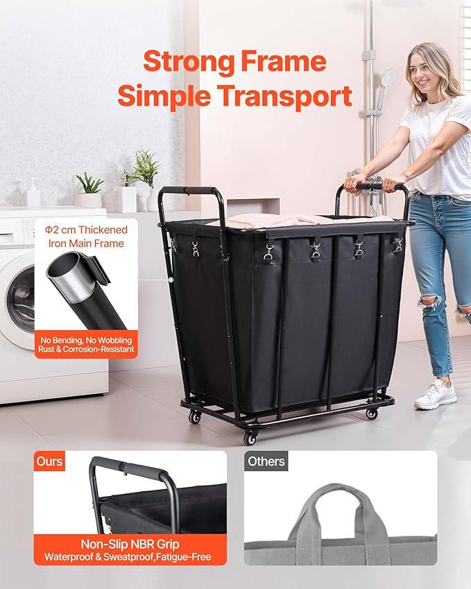 VEVOR Laundry Cart, Rolling Grocery Utility Cart with Waterproof Liner & Swivel Wheels, 260 LBS Large Load Capacity, Heavy Duty Shopping Basket for Laundry, Shopping, Camping, Grocery, Luggage, Black