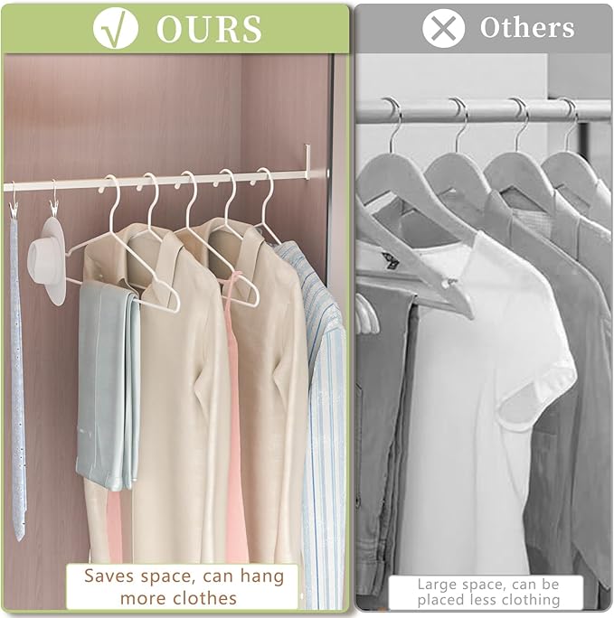 60Pack+10 Clips Luxurious Hanger Set ，16.69" Heavy Duty Matte White Metal HangersWithstands 50lbs Weight Smooth Powder Coated Finish Compact Shirt Hangers