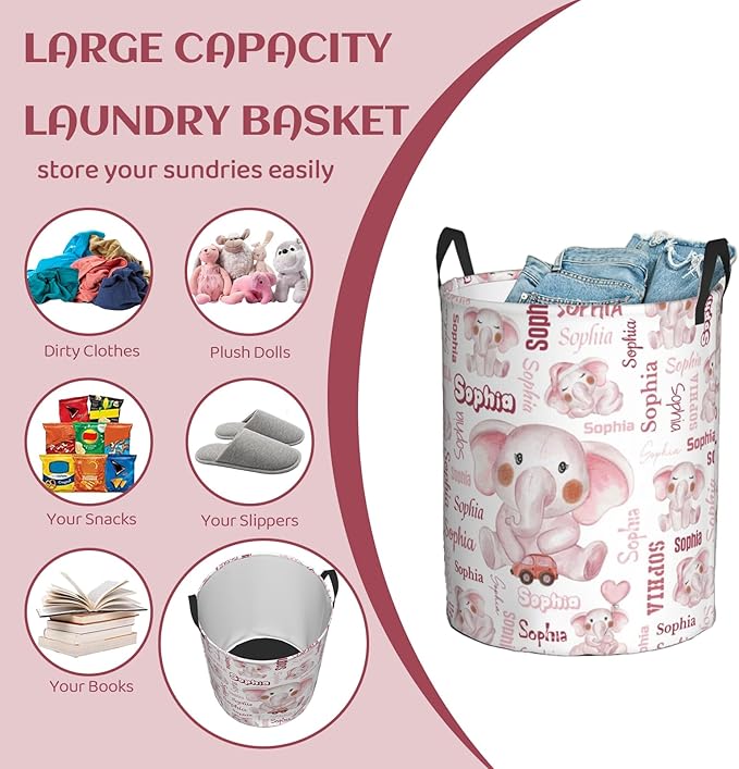 Custom name Laundry Hamper, Customizable Elephant Laundry Hampers, Personalized Elephant laundry basket, Customized Dirty Clothes Hamper with name for Bedroom Bathroom Barbershop Living Room