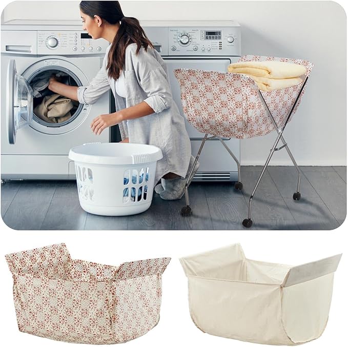 Miles Kimball Laundry Cart Liner - White Floral Pattern - Heavy Cotton - Drawstring Closure - 8" x 19" - 12" Deep - Pockets - Modern Style - Laundry Room