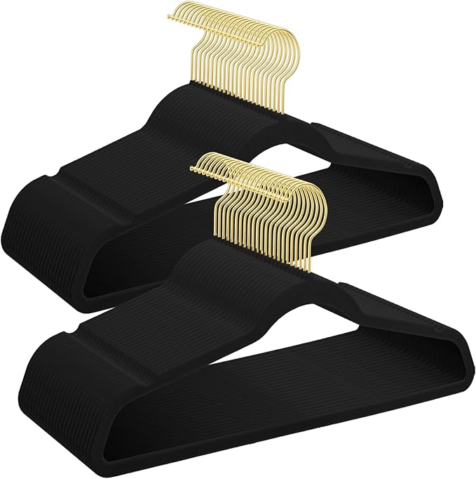 UNEED Black Velvet Hangers with Golden Hooks, 36 Pack - Ultra Thin Space Saving, Non-Slip Clothes Hangers for All Clothing, Dorm & Closet Organization (Heavy Duty, Anti-Scratch)