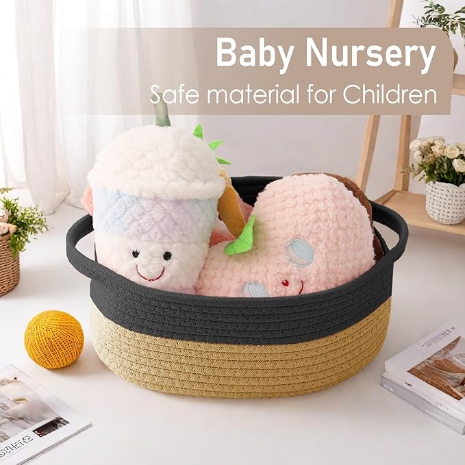 Woven Basket,Small Rope Storage Bin with Handles & Ribbon Bag, Organizer for Shelves Closets,Gift Basket Empty for Birthday,Books,Dog Toys, Black&Jute/2 Pack