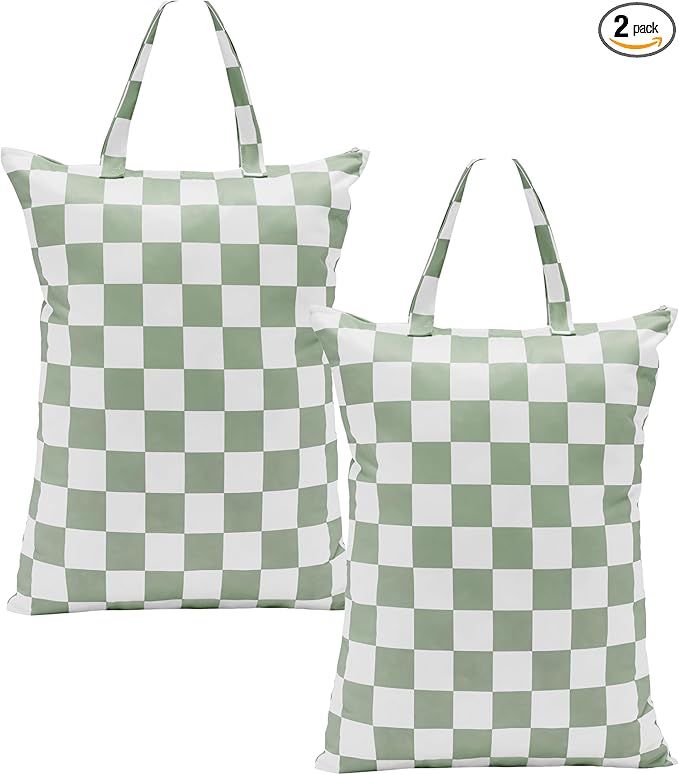 Checkered 2 Pcs Large Travel Laundry Bags for Dirty Clothes, Aesthetic Trendy Waterproof Washable Laundry Bag with Handle for Travel, Gym, Swimming Pool Sage Green