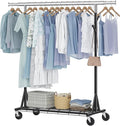 Hoctieon 1-Minute Assembly Clothes Rack, 480 lbs Heavy Duty Rolling Clothing Racks with Wheels, Foldable Garment Rack, Extendable Hanging Bar, Adjustable Metal Pole with Hooks, Black
