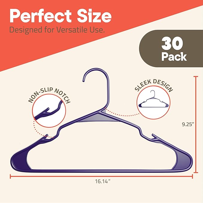 Purple Plastic Hangers 30 Pack– Heavy-Duty Plastic Hangers Slim and Space-Saving, Durable and Lightweight with Non-Slip Shoulder Notches for Slip Dresses, Suits, Jackets & Camisoles