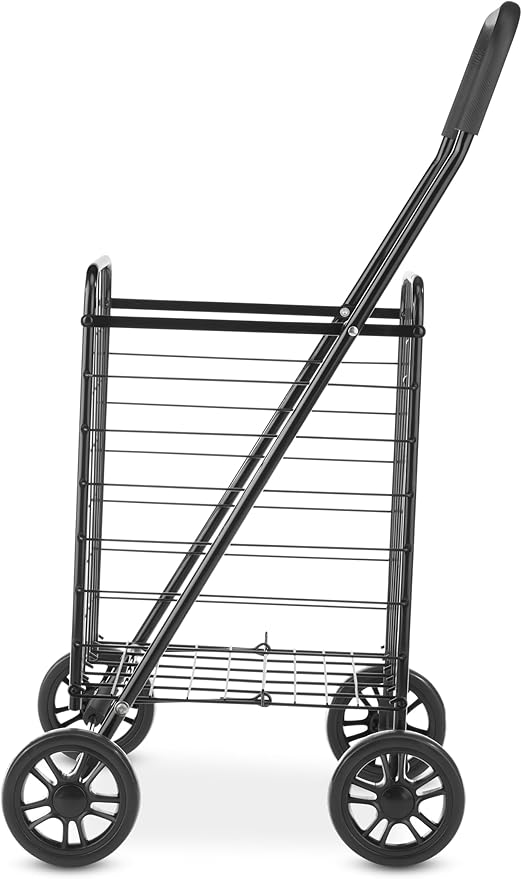 Whitmor Foldable Utility Shopping Cart with Wheels, Heavy Duty Metal Grocery Cart, Portable Foam Handle, Rolling Collapsible Trolley for Groceries, Laundry, Storage, Black