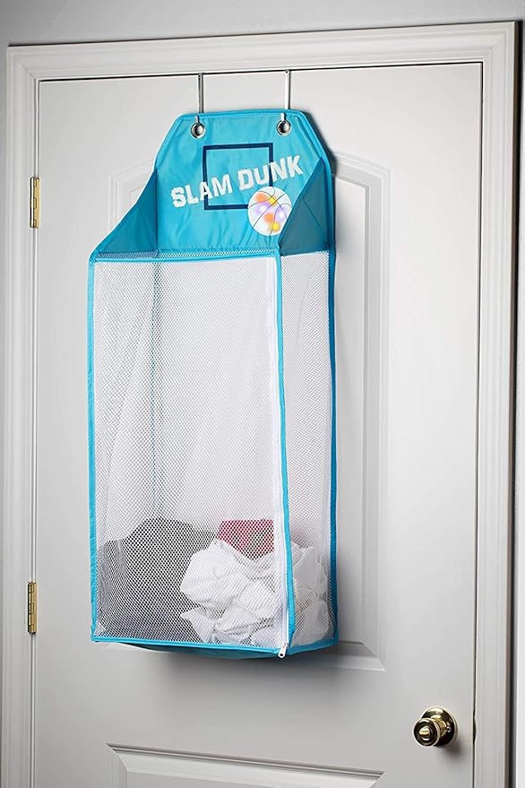 Store & Score Over The Door Hanging Kids Fun LED Basketball Light-Up Collapsible Mesh Laundry Hamper Basket, Toy Chest, Heavy Duty Metal Hooks Included. Patent Pending