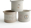RGI Home Decorative Storage Baskets with Safari Animal Prints – Set of 3 Round Fabric Rope and Linen Organizer Bins for Nursery or Playroom, Multi-Sized with Easy-Carry Handles, Ivory, Tan, and Linen