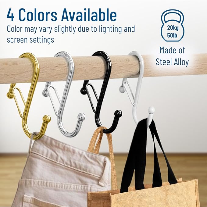 10-Pack Metal S Hooks for Hanging – Heavy-Duty S-Shaped Hook with Safety Buckle – Fits Bars up to 0.8 In – Anti-Drop S-Hooks for Kitchen, Bathroom, Closet & Pot Racks – Gold (Medium)