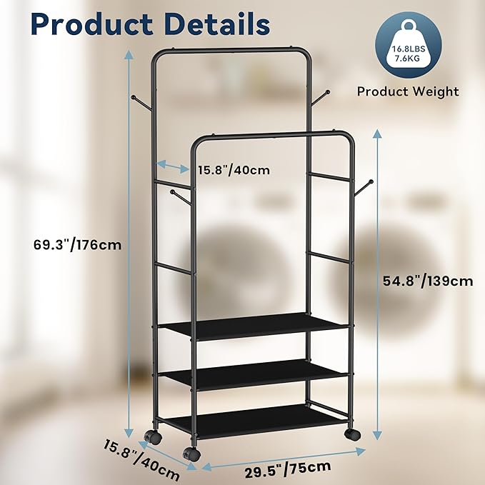 Whitmor Double Rod Clothes Rack: Metal Rolling Clothing Racks for Hanging Clothes, Heavy Duty Garment Rack with 3 Shelves, Portable Clothes Organizer for Bedroom, Laundry, Living Room, Black