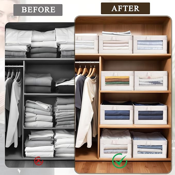 4 Pack Linen Organizers and Storage, Closet Storage Bins Linen Closet Baskets for Organization Foldable Organizer Bins with Clear Window for Organizing Clothing, Beige