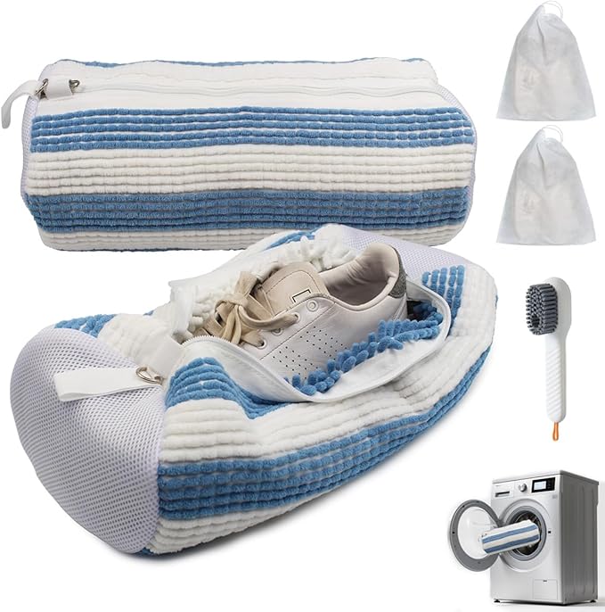 Shoe Washing Machine Bag,Blue and white stripes Mesh Shoe Washing Bag for Washing Machine - Large Size Fits various Shoes, Chenille Fabric Protection, Zipper Laundry Bag for Sneakers (2 Pcs)