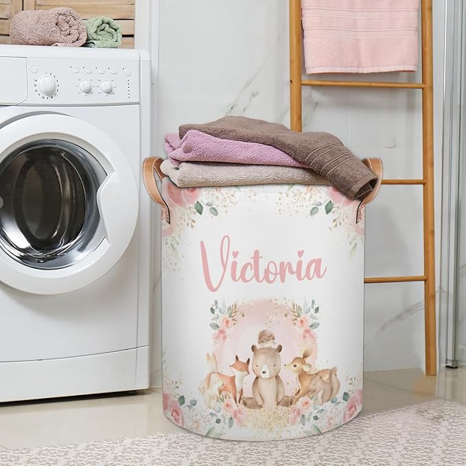Personalized Laundry Basket, Custom Gift Laundry Hamper, Collapsible Nursery Waterproof Laundry Baskets, Dirty Clothes Toy Hamper with Handles Pink Floral Woodland Animals